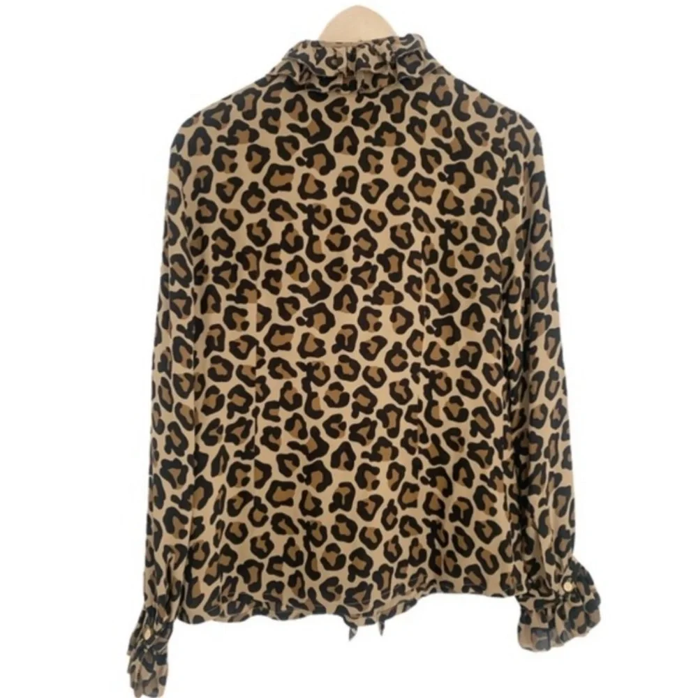 Tory Burch Leopard 100% Silk Ruffle Long Sleeve Blouse NWOT sz 6